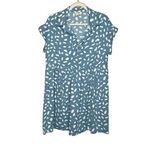 Umgee Womens Dalmatian Print Short Folded Sleeve V-Neck Collared Babydoll Dress